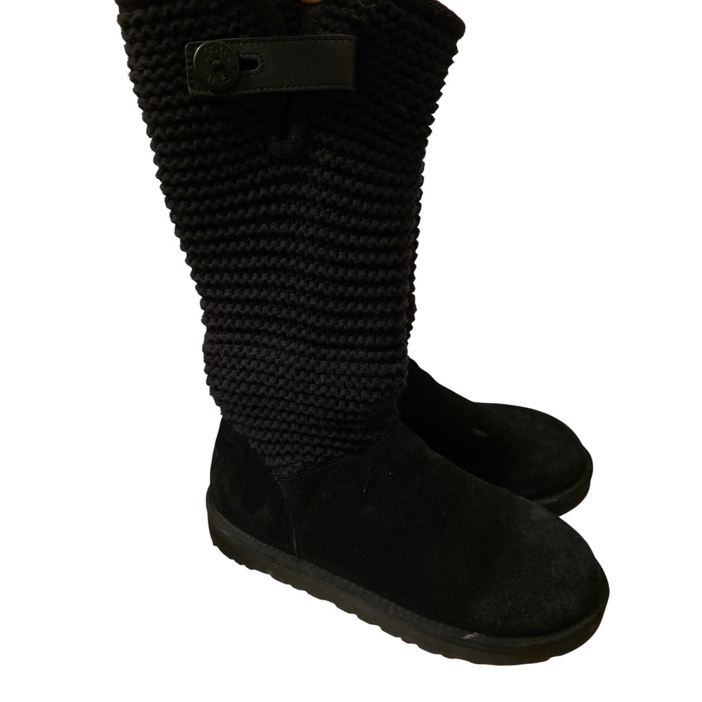 UGG Lattice Cardy Black Knit Suede Tall Boots 1012534 Womens 9